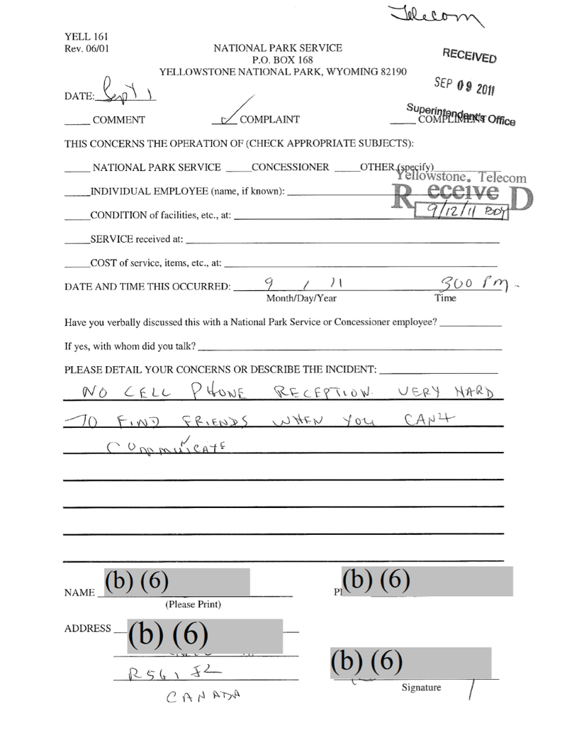 Complaint from a visitor to Yellowstone National Park